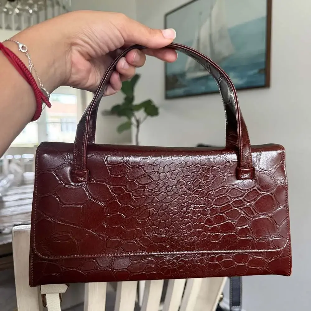 Vintage Mid-Century Style Burgundy Crocodile-Embossed Structured Box Handbag